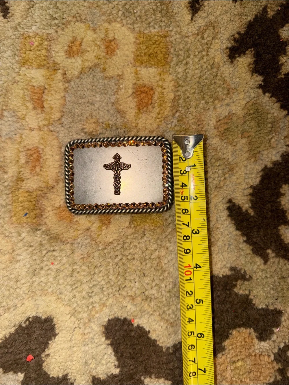 Silver-Tone Cross Accent Belt Buckle with Copper Crystal Trim